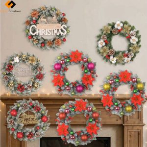 Display of Christmas Artificial Wreaths Ornament Bulk in 6pcs per item, wholesale artificial wreaths arranged above a white mantel with decorative accents, other objects for display reference only.