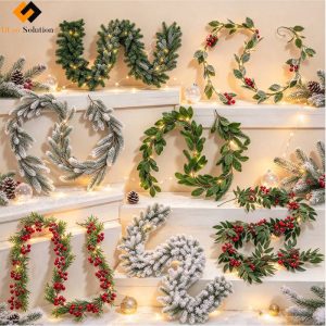 Assorted 5.5ft to 9ft unlit Best Artificial Christmas Ornament Garland, multiple styles including snow flocked pine, green foliage, red berry decor, flexible bendable vines displayed on white shelf, winter holiday mantel & railing decorations, no pre-installed lights