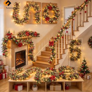 Pre-Lit Faux Snow Flocked Christmas Garland, artificial pine garland with ornaments, poinsettia flowers and warm lights, styled on fireplace mantel and staircase, battery operated, batteries not included
