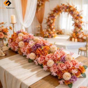 Warm autumn terracotta Luxury Artificial Flower Runner Arrangement, layered peach roses, orange blooms and mauve accents, silk floral table garland for fall wedding head table decor