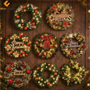 Collection of 8 styles Wholesaling Indoor Pre Lit Christmas Wreath, assorted festive decorations, batteries not included, each wreath needs 2 AA batteries